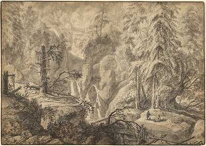 山景，瀑布附近空地上的农民`Mountain Landscape, Peasants in a Clearing near a Waterfall (early 1650s) by Anthonie Waterloo