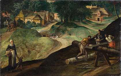 男人锯木头的风景`Landscape with Men Sawing Timber by Gillis Mostaert