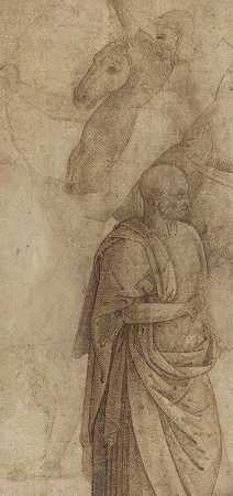 骑手和站着的披着衣服的人，在古董之后（verso）`Rider and Standing Draped Man, after the Antique (verso) (c. 1500) by Style of Pietro Perugino