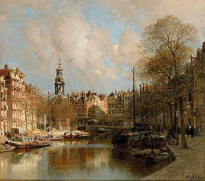 阿姆斯特丹蒙特附近的Singel和Bloemmarkt景观`View of the Singel and the Bloemmarkt near the Munt, Amsterdam by Johannes Christiaan Karel Klinkenberg