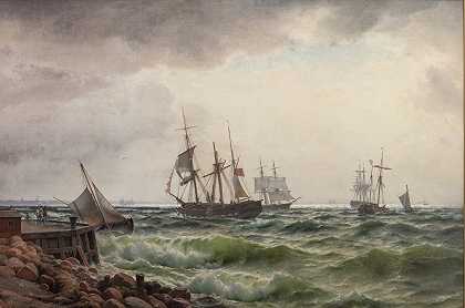 阵雨过后，船靠岸了`Skibe under land efter en byge (1867) by Carl Neumann