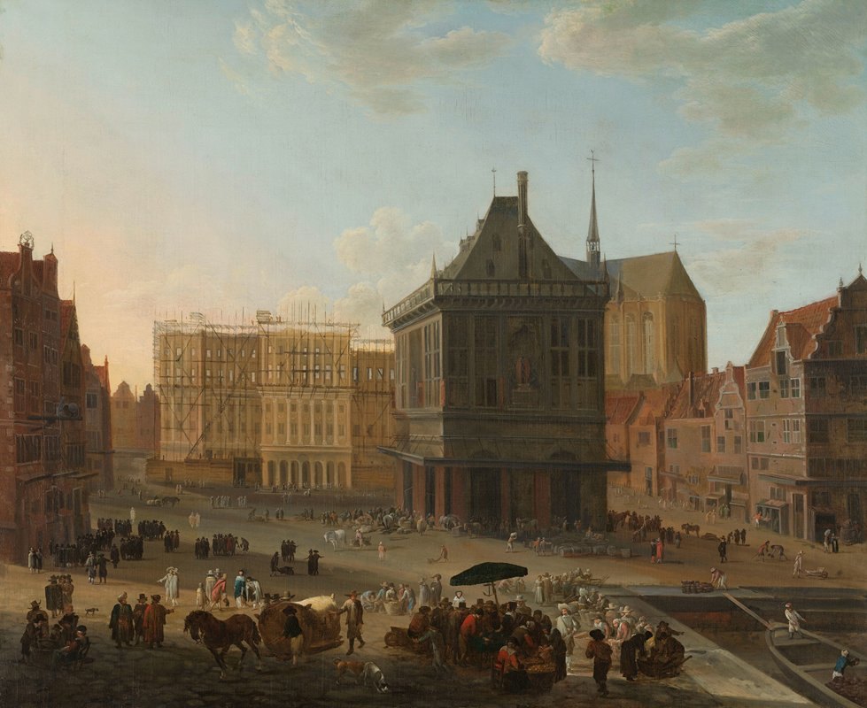 阿姆斯特丹的大坝和正在建设的新市政厅`The Dam in Amsterdam with the new Town Hall under Construction (1652 ~ 1689) by Jacob van der Ulft