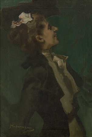绿色肖像，弗鲁林·奥尔加·赫斯`Bildnis in Grün, Fräulein Olga Hess (1899) by Hugo von Habermann
