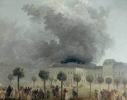 火灾1781年6月8日，从皇宫花园看歌剧`Lincendie de lOpéra, vu des jardins du Palais~Royal, le 8 juin 1781 (1781) by Hubert Robert