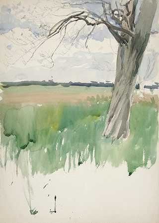 田野与树木的研究`Study of a field and tree by Edwin Austin Abbey