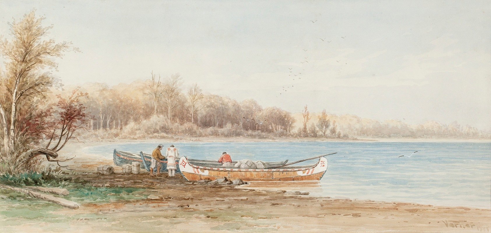 独木舟和捕猎者`Canoes And Trappers (1881) by Frederick Arthur Verner