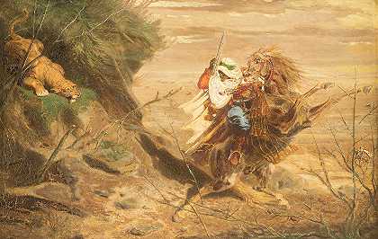 阿拉伯人与进攻的狮子搏斗`Arab fighting an attacking lion by Otto Clemens Fikentscher