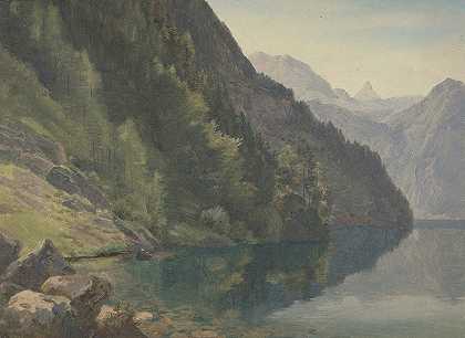 国王湖（Königsee）树木繁茂的海岸`Wooded Shore at the King Lake (Königsee) (first half 19th century) by Johann Heinrich Schilbach