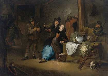 一个坐着的女人和其他人在嬉戏的乡村室内`A rustic interior with a seated woman and other figures making merry by Gerrit Lundens