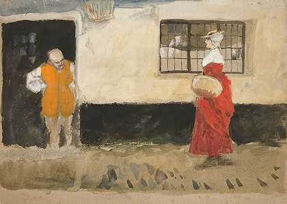 研究街景，男人在门口，女人穿着红色衣服。`Study of street scene, man at door, woman in red dress. by Edwin Austin Abbey