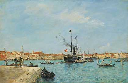威尼斯，大运河，蒸汽船和平底船`Venise, Le Grand Canal, Vapeurs Et Gondoles ( 1895) by Eugène Boudin