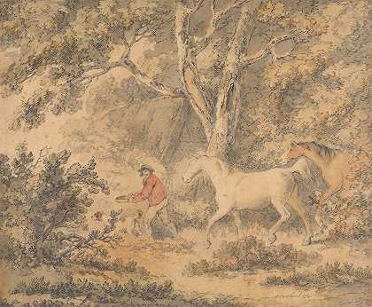 有马、农夫和狗的风景`Landscape with Horses, Farmer and Dog (1794) by George Morland