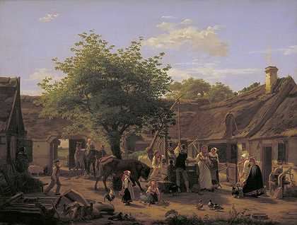 中午在新西兰农场生活的照片`Billede af livet i en sjællandsk bondegård ved middagstid (1852) by Peter Julius Larsen