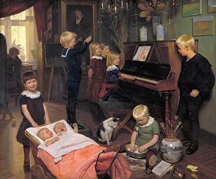 一场音乐会，艺术家孩子们和他们的玩伴们`A Concert, The Artists Children and their Playmates (1887) by Otto Haslund