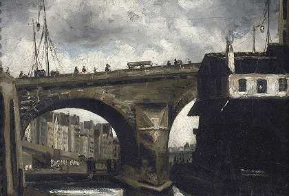 圣母院的桥和泵`Le pont et la pompe Notre~Dame (1825) by Louis-Godefroy Jadin