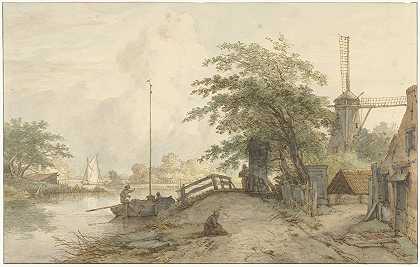 沿河两岸有桥梁和房屋到道路的景观`Landschap met bruggetje en huis aan weg langs een water (1776 ~ 1822) by Jan Hulswit