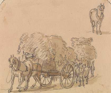 两辆满载着马的干草车`Two Laden Hay Carts With Horses by Paul Sandby