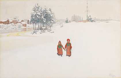 在雪中`In the Snow (1910) by Carl Larsson