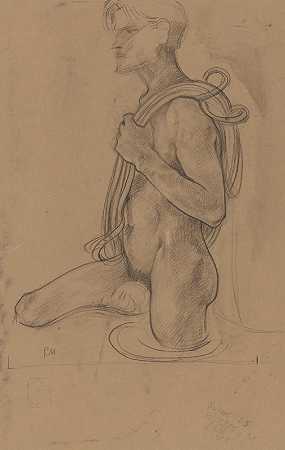 赤身裸体地站在水中，肩上套着绳子`Staand mannelijk naakt in het water met touw over de schouder (1878 ~ 1938) by Richard Nicolaüs Roland Holst