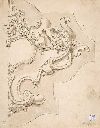 带遮罩的半卡通切设计`Design for Half Cartouche with Mask (18th century) by Fortunato Tesi