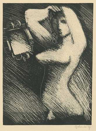镜子前的女人`Woman in front of a mirror (1937) by Mikuláš Galanda