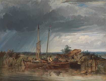 内河岸边的两艘渔船`Two Fishing Boats on the Banks of Inland Waters by George Chambers