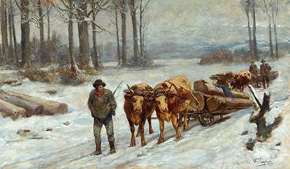 冬天的伐木工人`Loggers in Winter by Franz Xaver von Pausinger