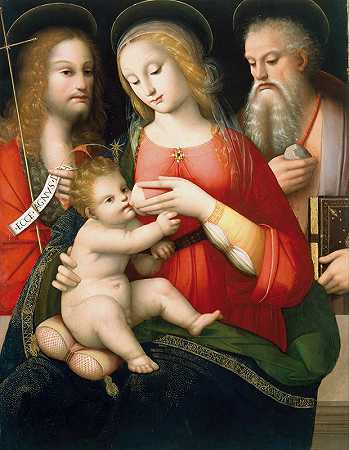 圣母玛利亚与圣徒施洗约翰和吉罗拉莫`Madonna with Child and Saints John the Baptist and Girolamo by Andrea del Brescianino