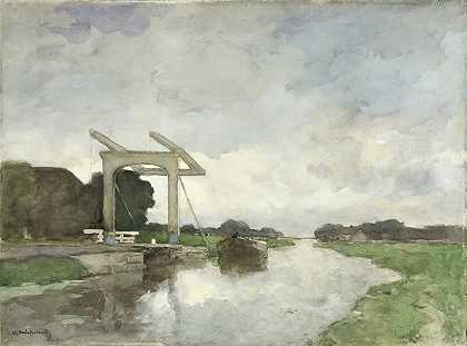 北吊桥`Drawbridge at Noorden (c. 1890) by Johan Hendrik Weissenbruch