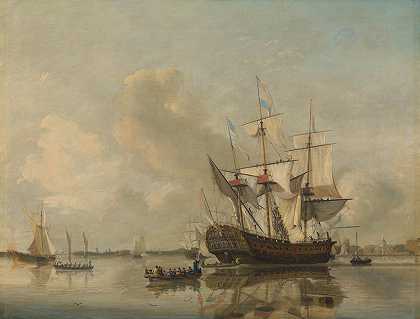 海军s护卫舰鹿特丹在鹿特丹附近的Maas上`The Navys Frigate Rotterdam on the Maas off Rotterdam (1807) by Nicolaas Baur