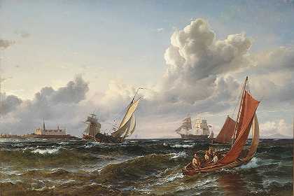 克伦堡海湾的帆船和渔船`Sejlskibe og fiskerbåd i Sundet ud for Kronborg (1870) by Carl Frederik Sørensen