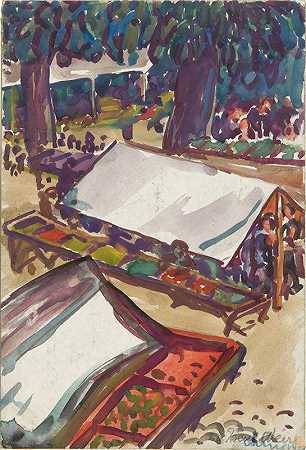 市场观，法国奇农`View of the Market, Chinon, France (ca. 1923) by Irene Weir