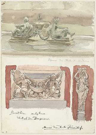 巴黎装饰艺术博物馆的三幅雕塑素描`Drie schetsen van sculpturen in het Musée des Arts~Decoratifs te Parijs (1872 ~ 1904) by Wilhelm Cornelis Bauer