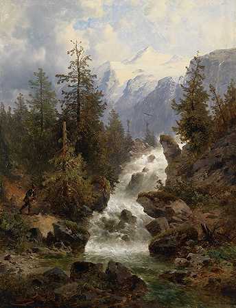 瀑布猎人`Jäger am Wasserfall by Josef Thoma