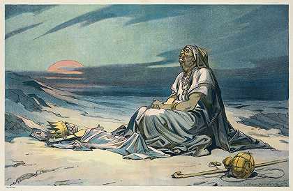 夏甲和以实玛利在沙漠中`Hagar and Ishmael in the desert (1912) by Udo Keppler