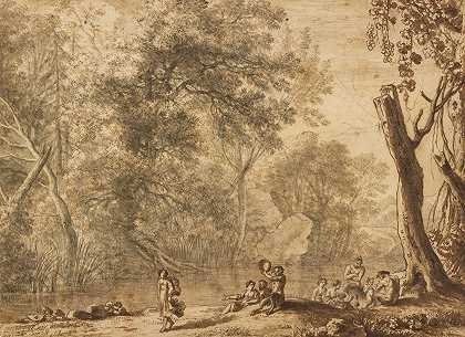 森林景观中有仙女和萨蒂尔`Woodland Landscape with Nymphs and Satyrs (1636) by Herman van Swanevelt