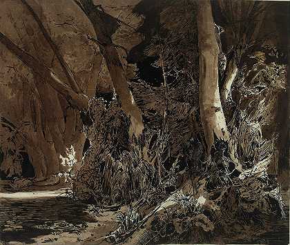 有流水和两个猎人的森林景观`Forest landscape with flowing water and two hunters (from 1830 until 1835) by Carl Blechen