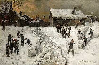扔雪球`Throwing Snowballs (1885) by Gerhard Munthe