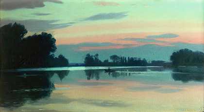 黎明时分河上的渔夫`Fisherman On A River At Dawn (1897) by Charles Guilloux