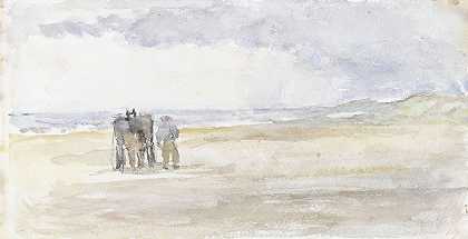 海滩上骑着马车的男人`Man met paard en wagen op het strand (1834 ~ 1911) by Jozef Israëls