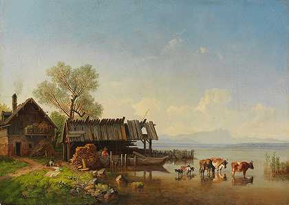 从斯塔恩堡湖可以看到维特斯坦山脉`Der Starnberger See mit Blick auf das Wettersteingebirge (1850) by Heinrich Bürkel