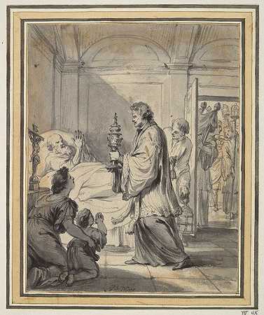 和牧师及其他人一起躺在病床上的人`Man on his Deathbed with Priest and Others by Godfried Maes