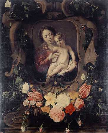 处为空白花环里的孩子`Vierge à lenfant dans une couronne de fleurs (17th Century) by Daniel Seghers