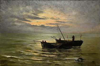 去海边伯克钓鱼`Le départ pour la pêche à Berck~sur~Mer (1902) by Léonie-Marie Hécart