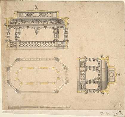 浴室设计为一个细长的多边形庙宇，平面图和两个立面图`Design for a Bath in the Form of an Elongated Polygonal Temple, Plan and Two Elevations (mid~18th century) by John Vardy