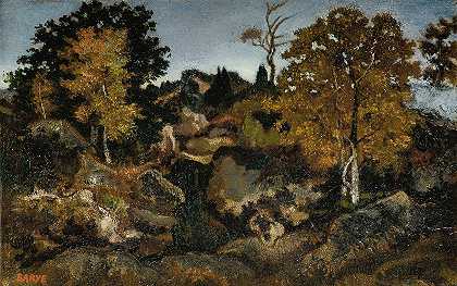 枫丹白露的岩石`Rocks In Fontainebleau by Antoine-Louis Barye