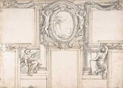 用灰泥和油漆装饰设计墙面立面`Design Wall Elevation with Stucco and Painted Decorations (1708) by Luigi Garzi