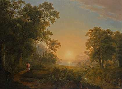 日出森林景观`Waldlandschaft mit Sonnenaufgang (1809) by Joseph Rebell