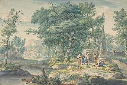 街机风景，人物在演奏音乐`Arcadian Landscape with Figures Making Music (early 18th century) by Jan van Huysum