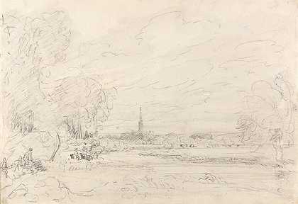 草地上的索尔兹伯里大教堂`Salisbury Cathedral From the Meadows (1829) by John Constable